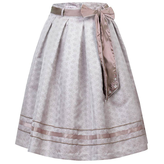 Festlicher Rock Bonnie in Taupe von MarJo mit floraler Schleife, glänzendem Jacquardstoff, Kellerfalten und dekorativen Borten