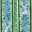 Stoffmuster für Dirndl mit hellblau-grünem Blümchenjacquard für Oberteil und Rock, dazu längsgestreifte Schürze mit grün-blauem Hirschmuster.