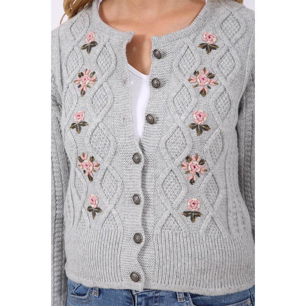 Graue Trachten-Strickjacke mit liebevollen Details, locker geschnitten und vielseitig kombinierbar, ideal zum Dirndl, Rock oder Jeans.