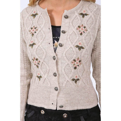 Naturfarbene Trachten-Strickjacke mit liebevollen Details, locker geschnitten und vielseitig kombinierbar, ideal zum Dirndl, Rock oder Jeans.