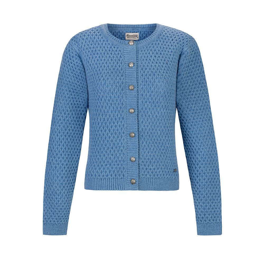 Blaue Trachten-Strickjacke mit melierter Wollmischung, strukturierter Strickoptik und altsilbernen Knöpfen, perfekt kombinierbar zu traditionellen Dirndlmodellen.