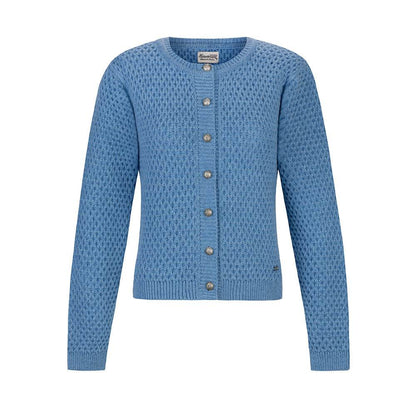 Blaue Trachten-Strickjacke mit melierter Wollmischung, strukturierter Strickoptik und altsilbernen Knöpfen, perfekt kombinierbar zu traditionellen Dirndlmodellen.