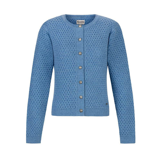 Blaue Trachten-Strickjacke mit melierter Wollmischung, strukturierter Strickoptik und altsilbernen Knöpfen, perfekt kombinierbar zu traditionellen Dirndlmodellen.