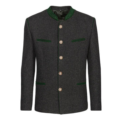 Trachtenjacke im melierten Loden-Look mit geradem Schnitt, besticktem Stehkragen, Paspel und rustikalen Hornknöpfen, hinten mit klassischer Kellerfalte, im traditionellen Trachtenstil.