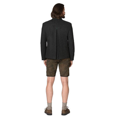 Trachtenjacke im melierten Loden-Look mit geradem Schnitt, besticktem Stehkragen, Paspel und rustikalen Hornknöpfen, hinten mit klassischer Kellerfalte, im traditionellen Trachtenstil.