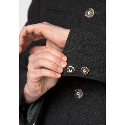 Trachtenjacke im melierten Loden-Look mit geradem Schnitt, besticktem Stehkragen, Paspel und rustikalen Hornknöpfen, hinten mit klassischer Kellerfalte, im traditionellen Trachtenstil.