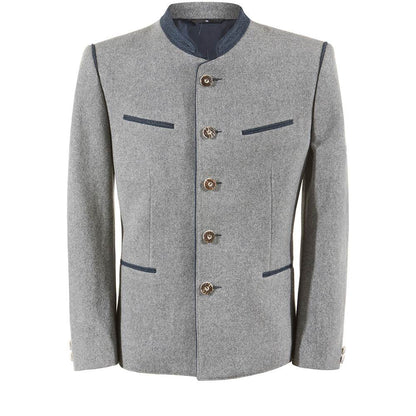 Trachtenjacke im melierten Loden-Look mit geradem Schnitt, besticktem Stehkragen, Paspel und rustikalen Hornknöpfen, hinten mit klassischer Kellerfalte, im traditionellen Trachtenstil.