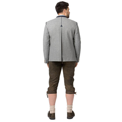 Trachtenjacke im melierten Loden-Look mit geradem Schnitt, besticktem Stehkragen, Paspel und rustikalen Hornknöpfen, hinten mit klassischer Kellerfalte, im traditionellen Trachtenstil.