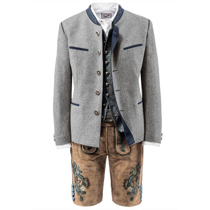 Trachtenjacke im melierten Loden-Look mit geradem Schnitt, besticktem Stehkragen, Paspel und rustikalen Hornknöpfen, hinten mit klassischer Kellerfalte, im traditionellen Trachtenstil.