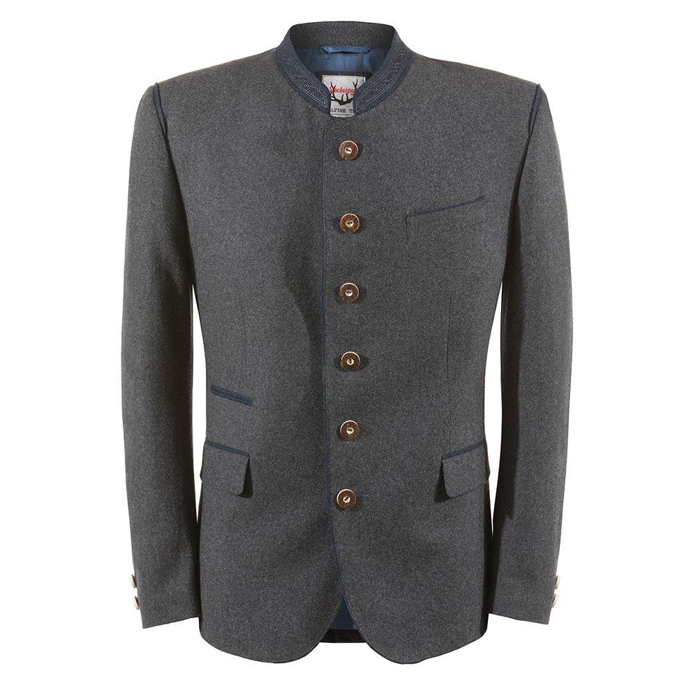 Trachtenjacke aus meliertem Stoff in dunkelgrau-blau mit geradem Schnitt, besticktem Stehkragen, Pattentaschen und Hornknöpfen, hinten mit Kellerfalte und Knopfriegel, im traditionellen, lässigen Stil.