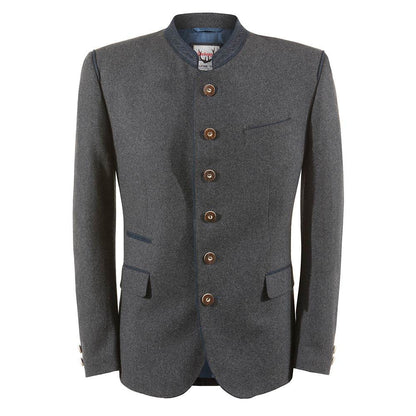 Trachtenjacke aus meliertem Stoff in dunkelgrau-blau mit geradem Schnitt, besticktem Stehkragen, Pattentaschen und Hornknöpfen, hinten mit Kellerfalte und Knopfriegel, im traditionellen, lässigen Stil.