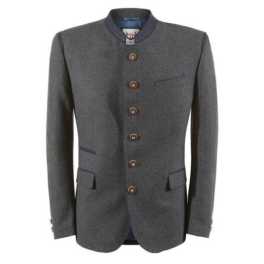 Trachtenjacke aus meliertem Stoff in dunkelgrau-blau mit geradem Schnitt, besticktem Stehkragen, Pattentaschen und Hornknöpfen, hinten mit Kellerfalte und Knopfriegel, im traditionellen, lässigen Stil.
