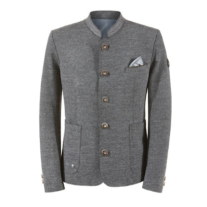 Legere Trachtenjacke in meliertem Anthrazit mit geradem Schnitt, offen verarbeiteten Kanten, filigran besticktem Stehkragen, aufgesetzten Taschen und rustikalen Hornknöpfen.