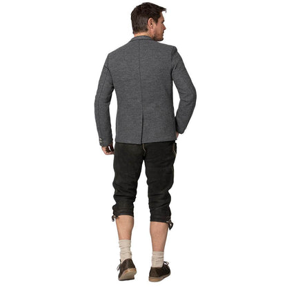 Legere Trachtenjacke in meliertem Anthrazit mit geradem Schnitt, offen verarbeiteten Kanten, filigran besticktem Stehkragen, aufgesetzten Taschen und rustikalen Hornknöpfen.