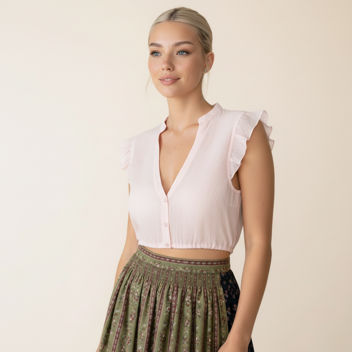 Frau trägt eine Dirndlbluse in zartem puderrosa mit leichten Flügelärmeln