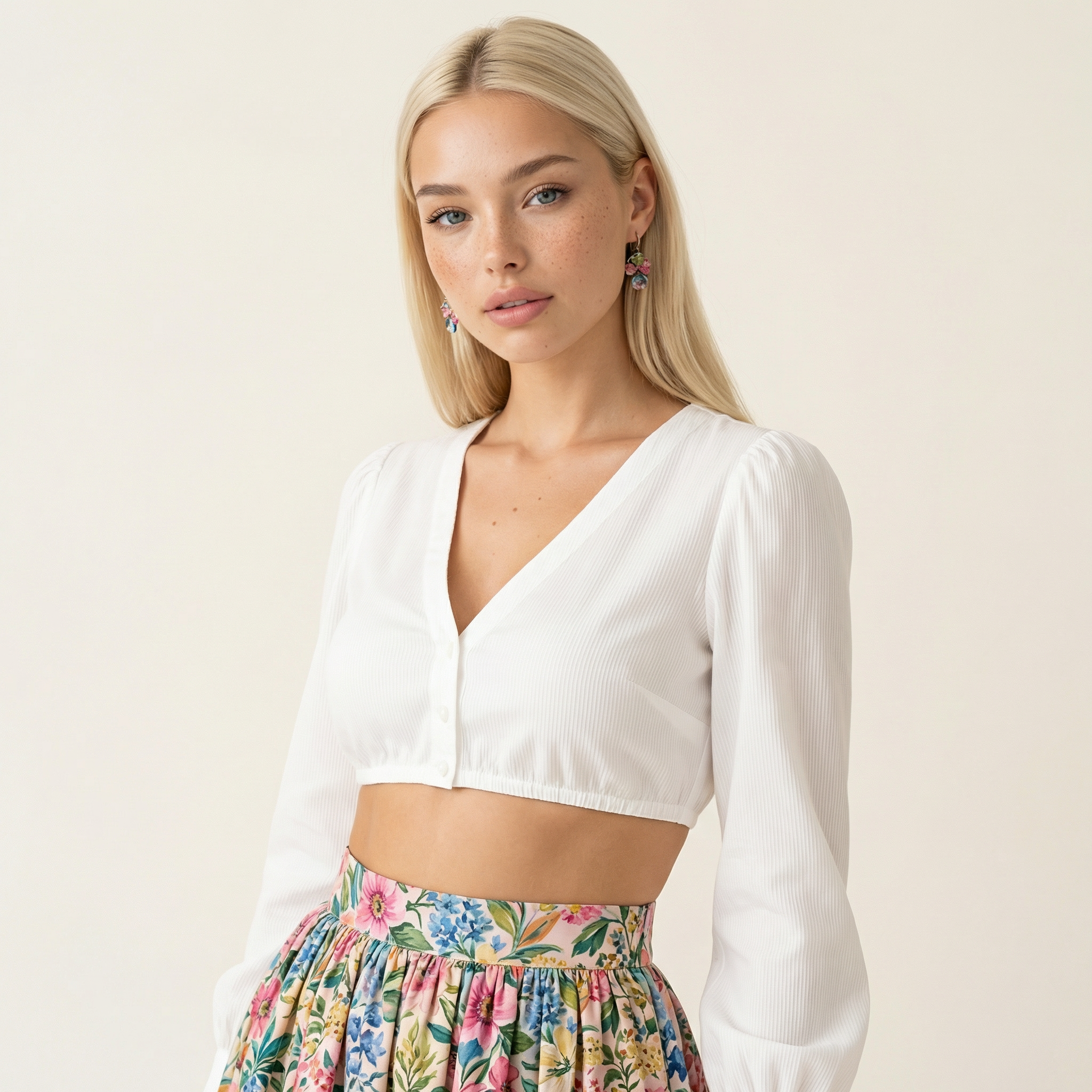 Boho-inspirierte Dirndlbluse in weiß mit V-Ausschnitt und gepufften Ärmeln